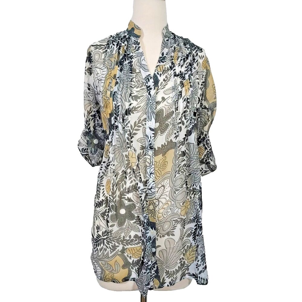 Aqua Blue Blouse Top size Small Sheer Lightweight Button Up Roll Tab Sleeves